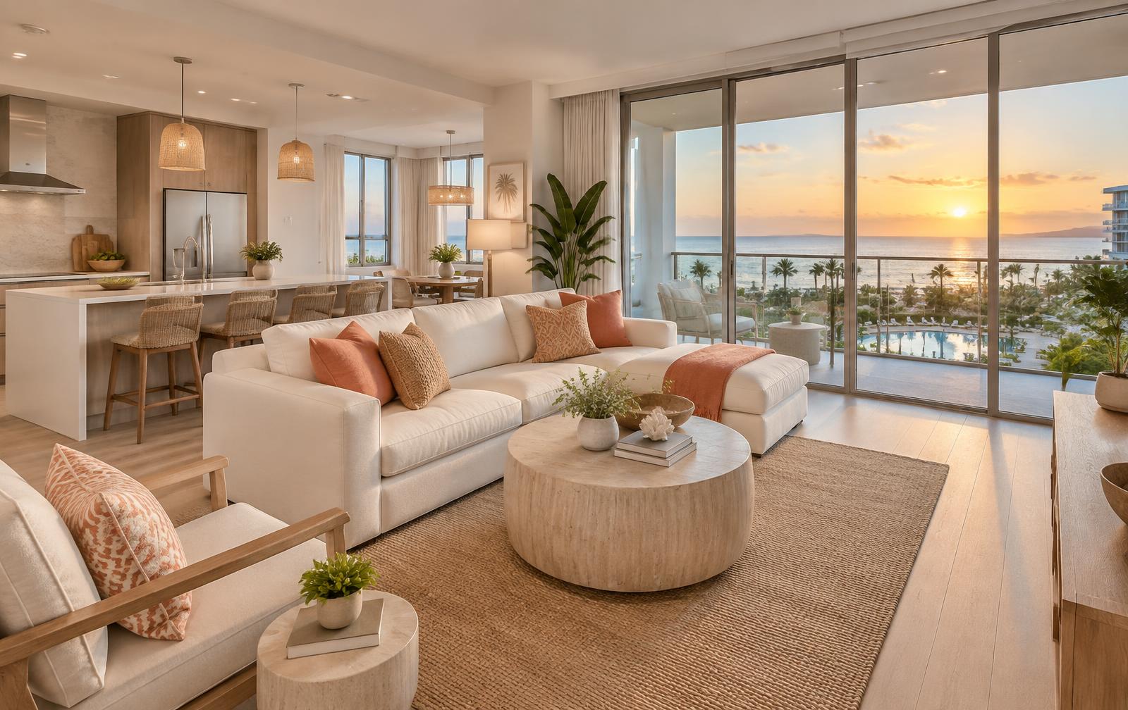 Bright condo living room with a sunset water view