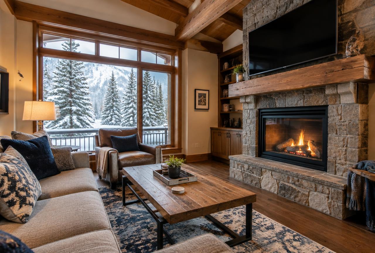 Mountain condo with a stone fireplace and snowy view